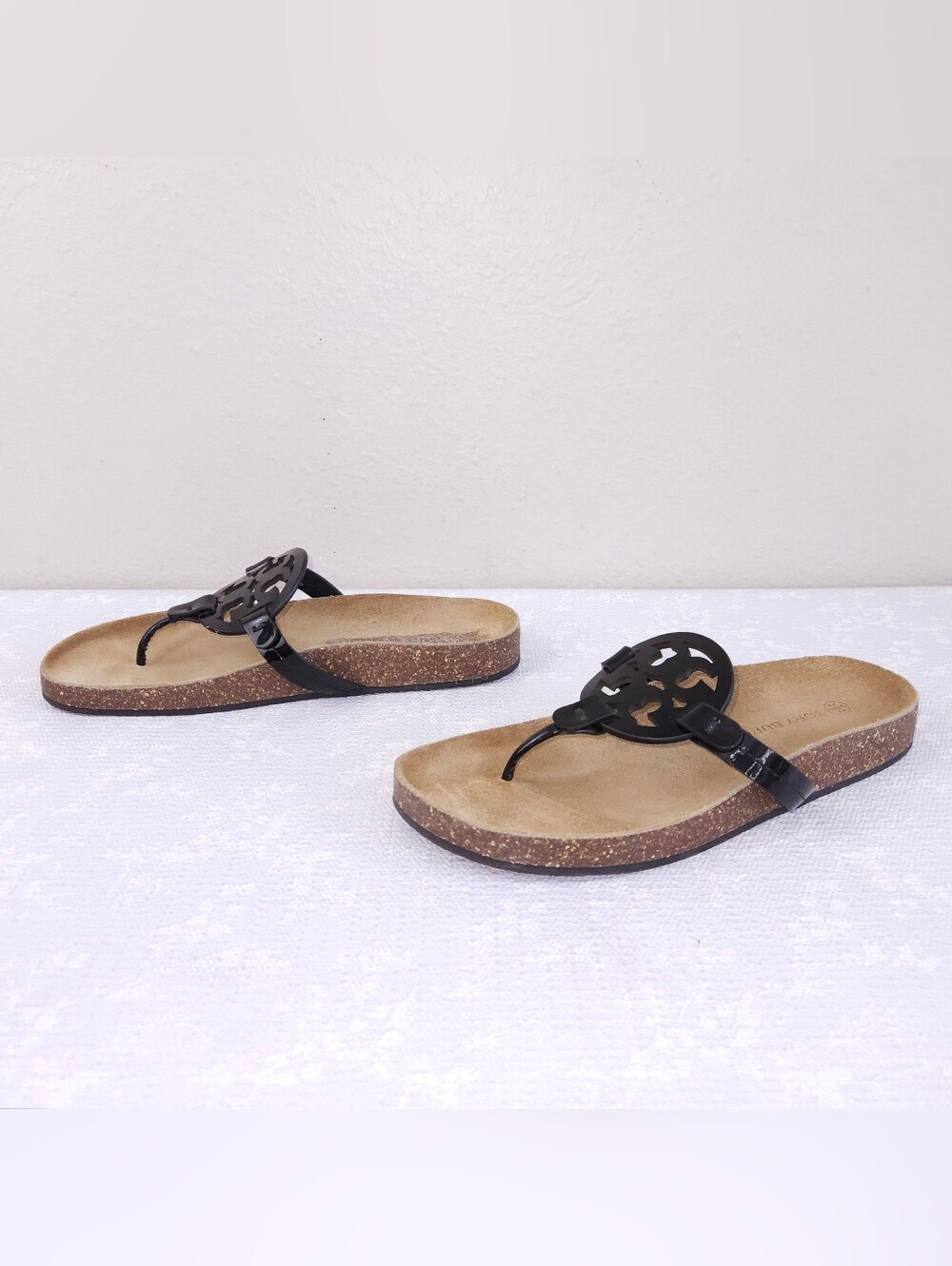 Tory Burch Miller Cloud Sandals US 10 Black Patent Leather Cork Flats